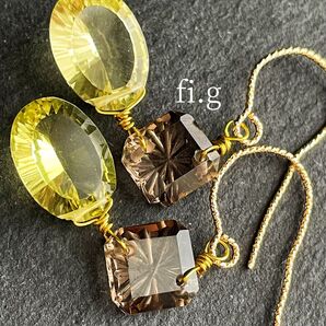 14kgf レモンクォーツ×スモーキークォーツ コンケーブ ピアス 天然石