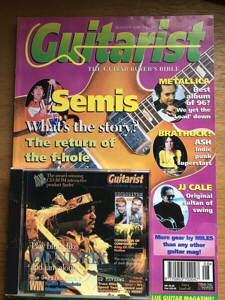 Guitarist. 1996年8月号 送料込 UK誌 セミアコ特集、オベーション,メタリカ,アッシュ,JJケール,62年ストラトキャスター,アンディサマーズ