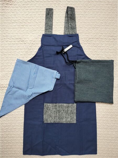 エプロン キッズ ジュニア 130〜140 ネイビー 紺色 3点セット 三角巾 巾着デニム 給食 小学生