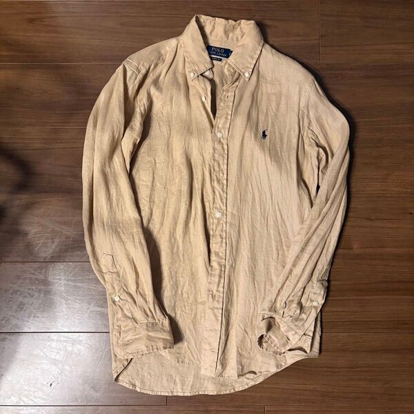 【美品】ポロ ラルフローレン リネン ベージュ ボタンダウンシャツ POLO RALPH LAUREN
