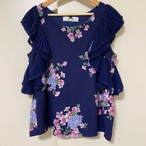 紫陽花 アジサイ ネイビー 花柄 試着のみ シュープリームララ フレンチスリーブ ノースリーブ プリーツ