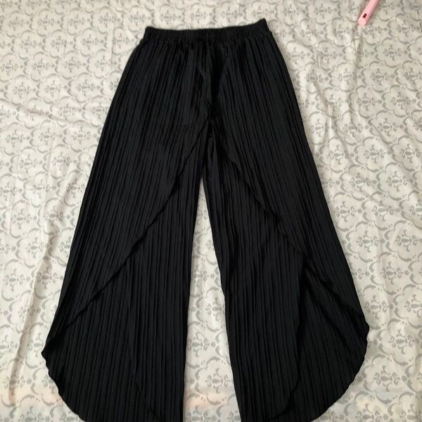 SHEIN ブラック プリーツキュロット L ウエストゴム パンツ ワイド 無地 ボトムス ワイドパンツ