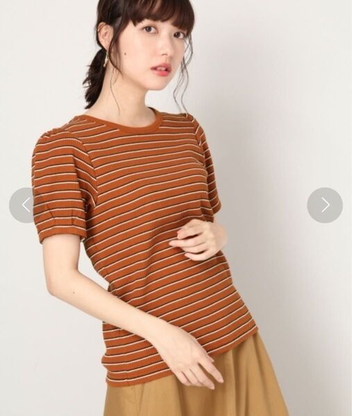 LOWRYS FARM ボーダー Tシャツカットソーリブ オレンジパフ袖