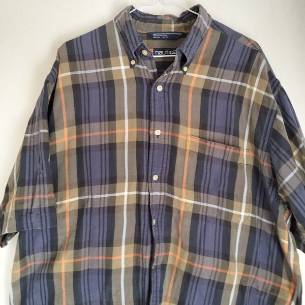 古着 ノーティカ NAUTICA ボタンダウン 半袖シャツ 胸ロゴ マルチカラー Lサイズ 大き目