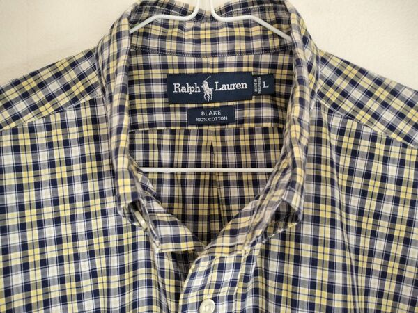 古着 Ralph Lauren ラルフローレン 紺 白 黄 細チェック半袖シャツ Lサイズ オーバーサイズ