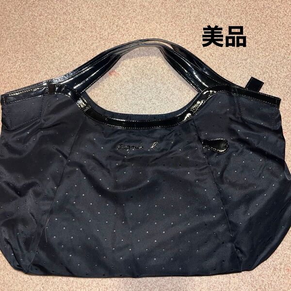 【美品】アニエスベー トートバッグ ドット柄 ブラック エナメル