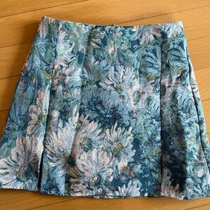 絵画花柄ミニスカート ブルー系