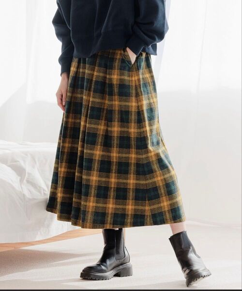 【※お値下げ不可※美品】ニコアンド フレアスカート グリーンイエローチェック Mサイズ ロングスカート