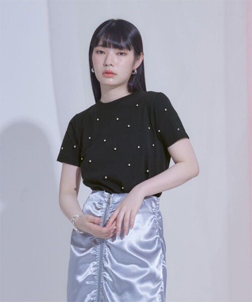 パールシルバーコンパクトTシャツ ブラック 半袖 y2k 韓国