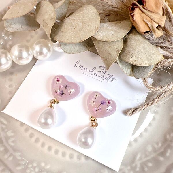 No.1072 ハンドメイド ハート レースフラワー パール パープル レジン ピアス イヤリング