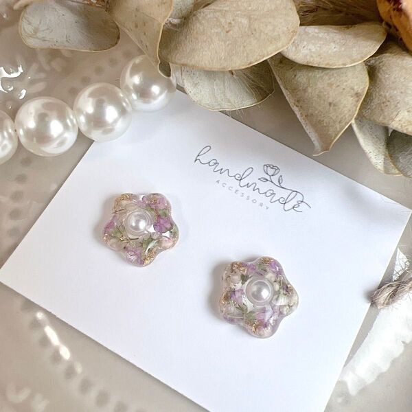 No.1090 ハンドメイド ドライフラワー お花 パープル パール レジン ピアス イヤリング