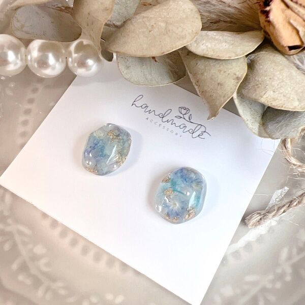 No.1095 ハンドメイド クリスパム 鉱石 ブルー パール レジン ピアス イヤリング