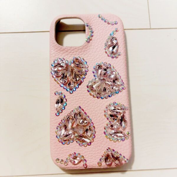 iPhone15ケース ピンク ハート デコレーション