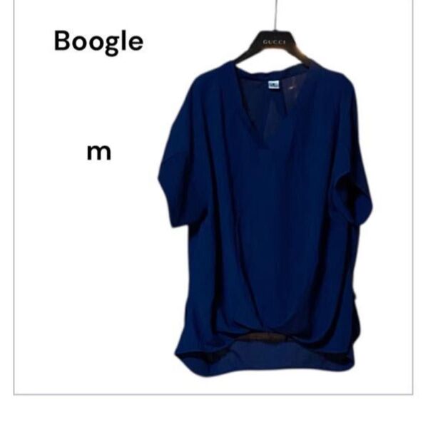 【美品】Boogle ブラウス シャツ 半袖シャツ 半袖ブラウス Vネック トップス Mサイズ 半袖 ネイビー