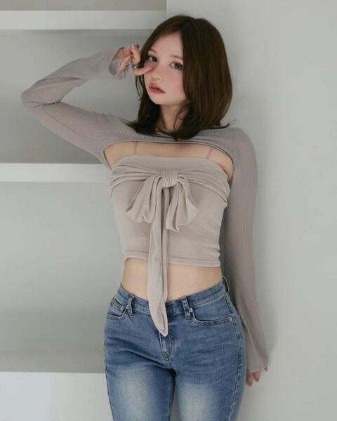 【ラスト1点】andmary Shayla ribbon tops beige
