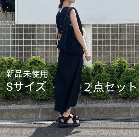 【新品2点】GU リネンブレンドバックオープンワンピース+リネンクロップド半袖シャツ 黒 S ペチコート ポケットあり