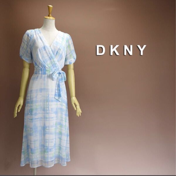 DKNY ワンピース 水色 チェック★ダナキャランニューヨーク★新品未使用タグ付き★パフスリーブ ミモレ丈 ロング ドレス 13号