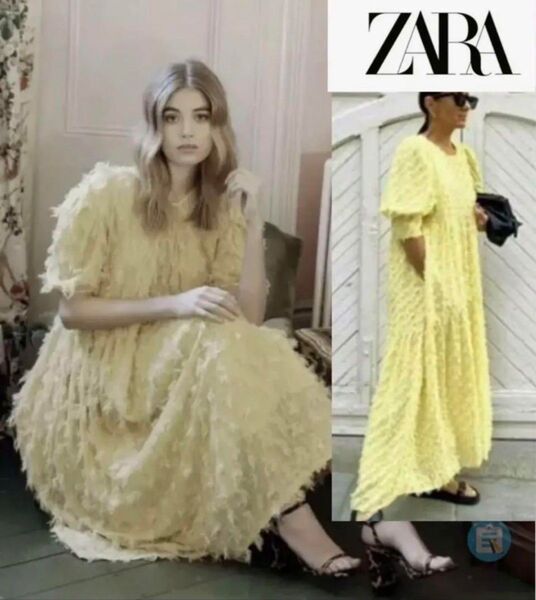 【zara】ひよこワンピース 黄色 フリンジ ロングワンピース Lサイズ