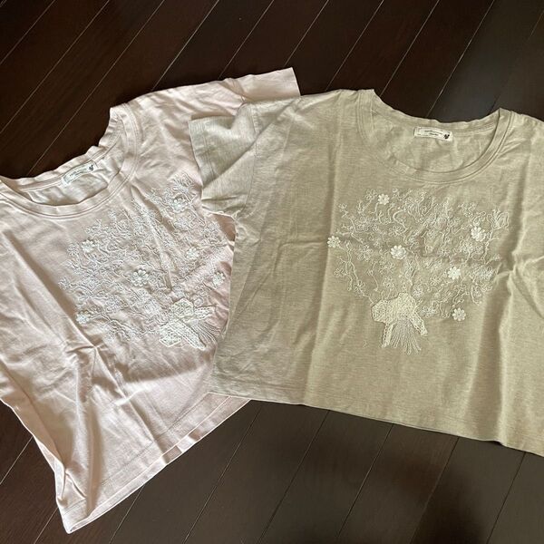 アースミュージックエコロジーTシャツ 2枚セット 刺繍 ピンク ベージュレディース