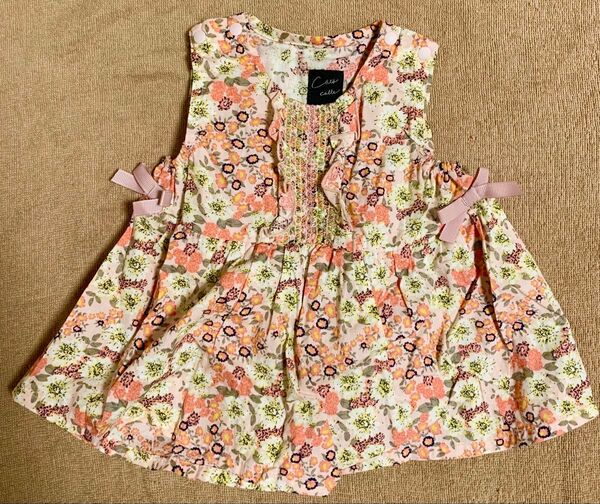 新品 coto cotte コトコット ノースリーブ フリル ワンピース 花柄 リボン ピンク オレンジ イエロー 70cm