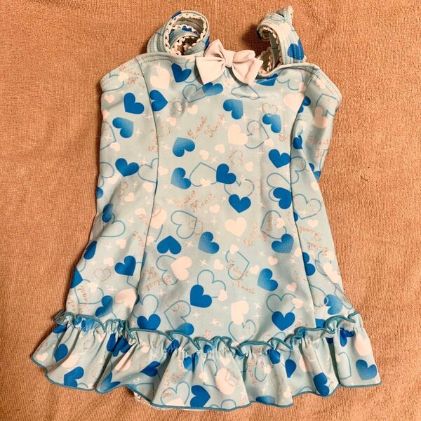 【本日限定価格】ワンピース フリル 水着 女の子 子供 女児 水色 ライト ブルー ハート リボン 総柄 110cm