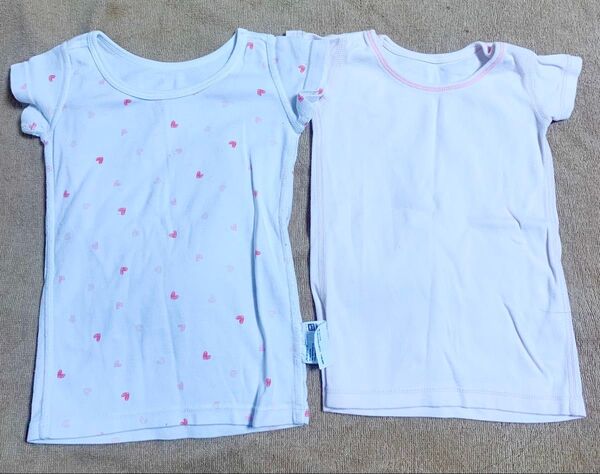 【2枚セット】ユニクロ 半袖 肌着 シャツ ピンク ホワイト ハート 女の子 80cm