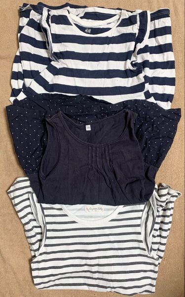 【110cm ノースリーブ ワンピース 3点セット 】H&M ボーダー & ネイビー ドット 切り替え & ボーダー リボン付き