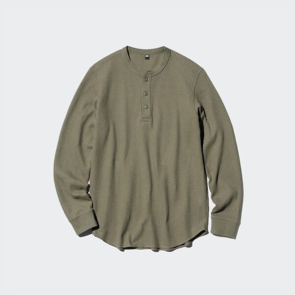【着用数回】ユニクロ ワッフルヘンリーネックTシャツ 長袖 オリーブ S ロンT 男女兼用 ユニセックス UNIQLO