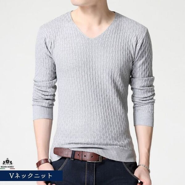 Vネックニット カットソー メンズ Vネック セーター ロングTシャツ M