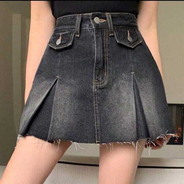 SHEIN デニム プリーツスカート ブラック Lサイズ