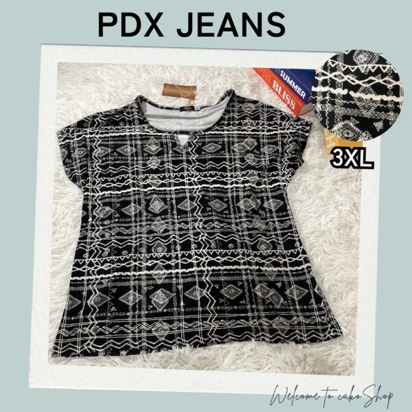タグ付き未使用》PDX JEANS 総柄 フレンチ袖 カットソー 3XL Tシャツ 黒 白 半袖Tシャツ ブラック トップス