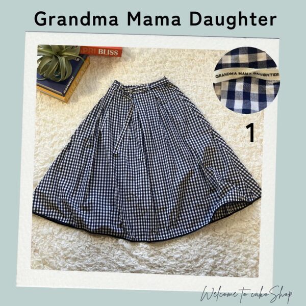 美品》グランマママドーター GRANDMA MAMA DAUGHTER フレアスカート 1 ギンガムチェック 紺白 ベルト付