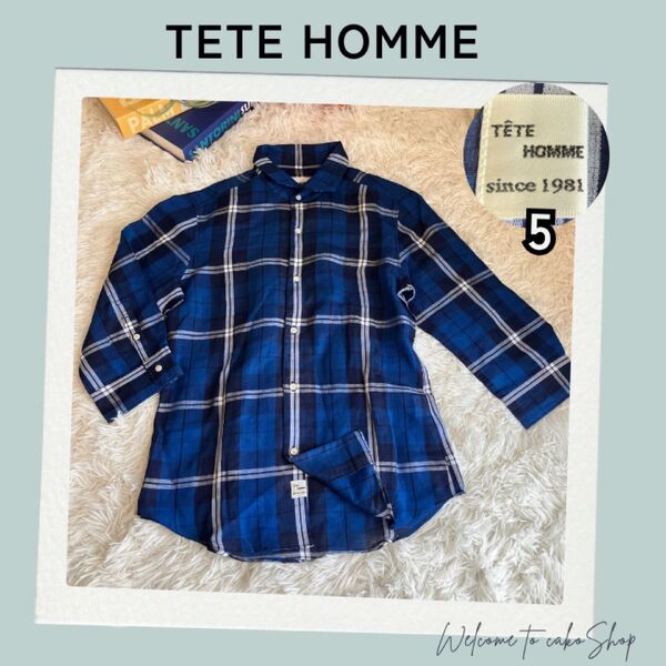 美品》TETE HOMME テットオム 麻綿 チェック 7分袖 シャツ 日本製 チェックシャツ リネンシャツ ブルー ネイビー系