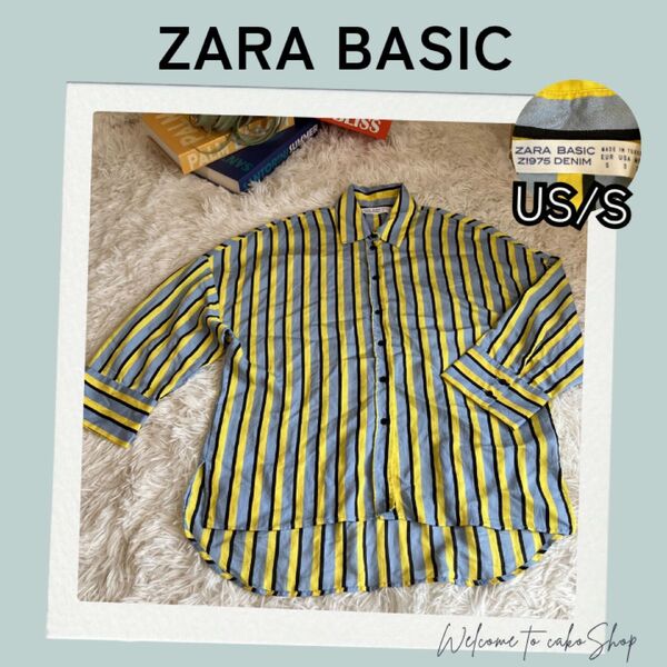 美品》ザラベーシック ZARA BASIC ストライプシャツ US/S 黄色黒青 シャツ 長袖 総柄 長袖シャツ オーバーサイズ