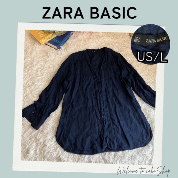 ザラベーシック ZARA BASIC 紺 麻 Vネック シャツ US/L XL リネン100 長袖 長袖シャツブラウス ネイビー