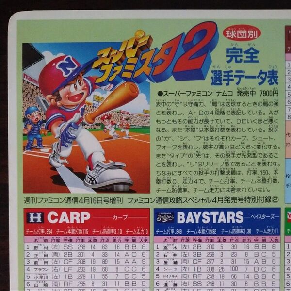 増刊ファミ通付録 スーパーファミスタ2 データ下じき