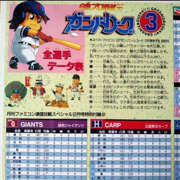 ガンバリーグ3 データ下じき 月刊ファミ通 93年12月号付録