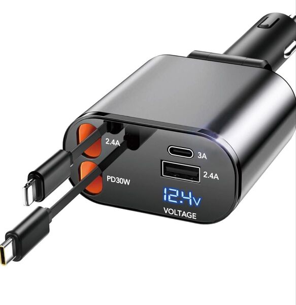 【新品/未使用】車 充電器 巻き取り式充電ケーブル 急速充電 Type-C /ライトニング