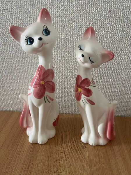 猫の置物 昭和レトロ ピンク 陶器 インテリア雑貨