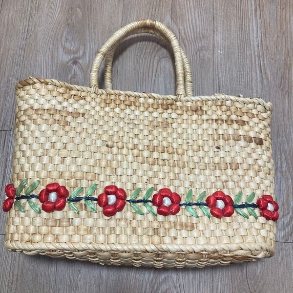 ハンドメイド かごバッグ 花柄刺繍