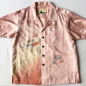 【未使用 】着物リメイク和柄アロハシャツ半袖シャツ古布リメイク花柄ブラウス刺繍扇
