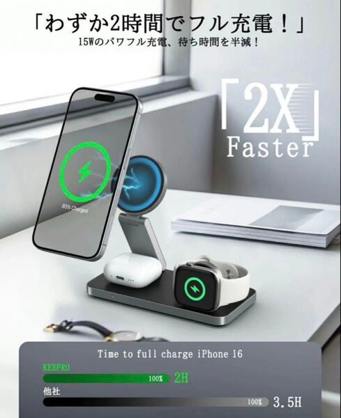 ワイヤレス充電器 3in1 折り畳み式 マグセーフ対応 急速充電 マルチ充電
