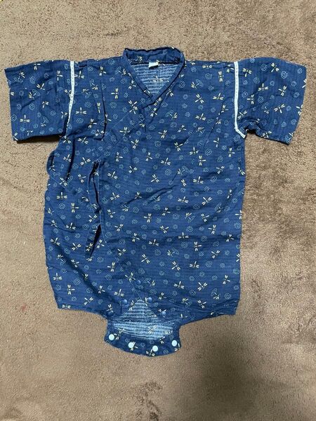 80 ベビー甚平 ロンパース ネイビー 夏祭り コットン 男の子 ショートオール