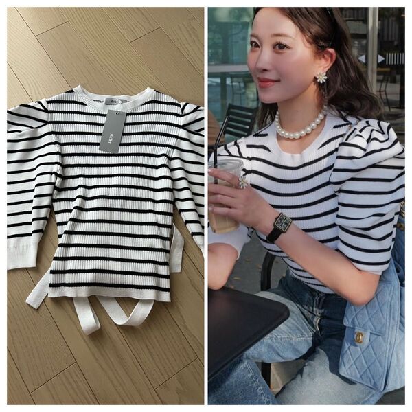sheller back ribbon stripe knit tops シェリエ