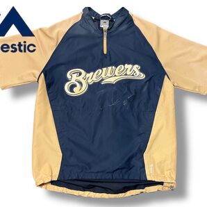 【激レア】Majestic/MLBオーセンティック半袖ハーフジップジャケット/ミルウォーキー・ブルワーズ/青木宣親直筆サイン入り