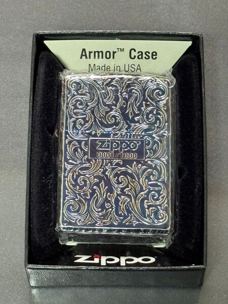 zippo 5面彫刻 ブルー シルバー アーマー 希少番号 NO.0001 限定品 シャインレイカット 2022年製