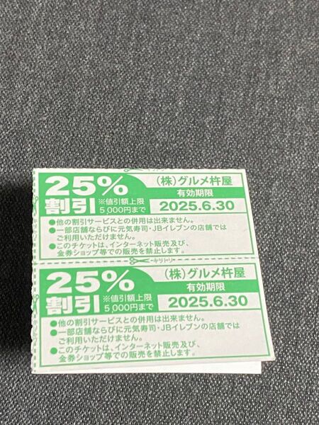グルメ杵屋プレミアムチケット 25%割引券 2枚セット 6.30まで