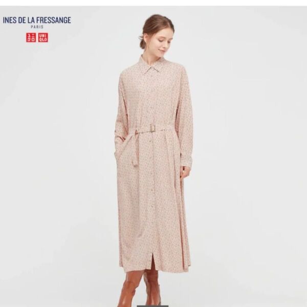 美品UNIQLO ユニクロ×イネス 赤系柄シャツワンピース L 共布ベルト付き レーヨン100% 長袖ワンピース ロング