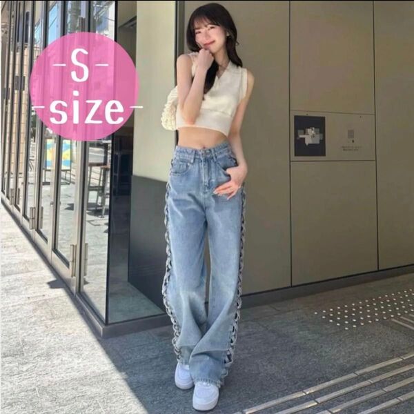 サイドクロスデニムパンツ デニム S レディース ジーンズ 韓国 トレンド 新品 ワイドパンツ ジーンズ パンツ ジーンズ
