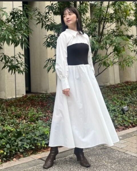 リブニットドッキングシャツワンピース 白